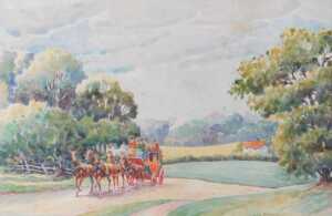 BF Odell. Horse drawn carriage on a country path, and two horses feeding at a brook before a... - 4