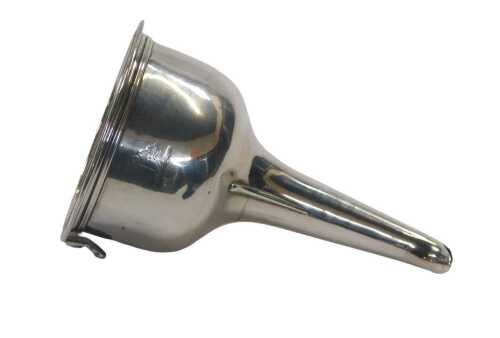 A George IV silver wine funnel, with a line banded rim, bearing crest, together with a strainer,...