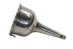 A George IV silver wine funnel, with a line banded rim, bearing crest, together with a strainer,...
