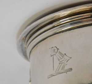 A George IV silver wine funnel, with a line banded rim, bearing crest, together with a strainer,... - 2