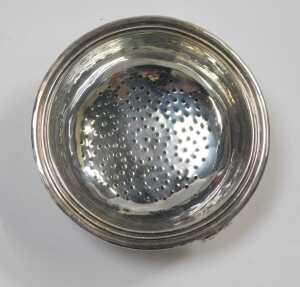 A George IV silver wine funnel, with a line banded rim, bearing crest, together with a strainer,... - 4