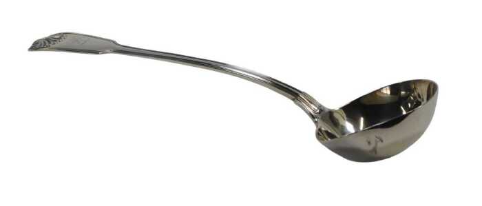 A George III silver Fiddle Thread and Shell pattern soup ladle, crest engraved, London 1778,...