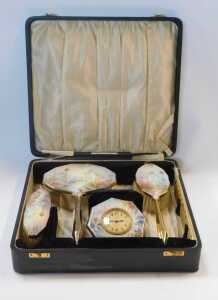 A mid 20thC hand painted enamelled dressing table set, comprising a hairbrush, hand mirror,... - 4