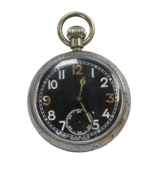 A WWII stainless steel 1940s pocket watch, with black and white painted dial, with bezel wind,...