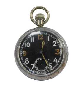 A WWII stainless steel 1940s pocket watch, with black and white painted dial, with bezel wind,...