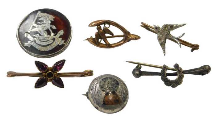 Six 20thC and later brooches, comprising a tortoiseshell and crested silver framed West Pioneer...