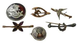 Six 20thC and later brooches, comprising a tortoiseshell and crested silver framed West Pioneer...