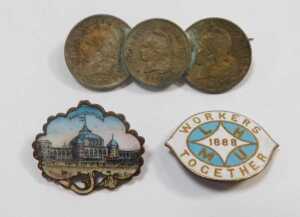 A group of early 20thC and later badges, to include Workers Together, turquoise bar brooch,... - 2