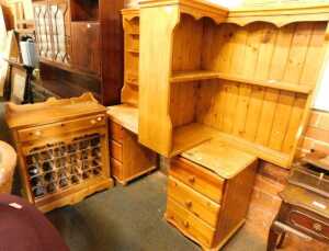 Pine furniture, comprising a pine single drawer wine rack, with wine rack below, a spice rack,...
