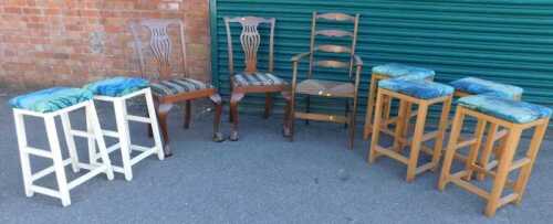 Furniture, comprising four stools, an open armchair with rush seat, two smaller white painted...