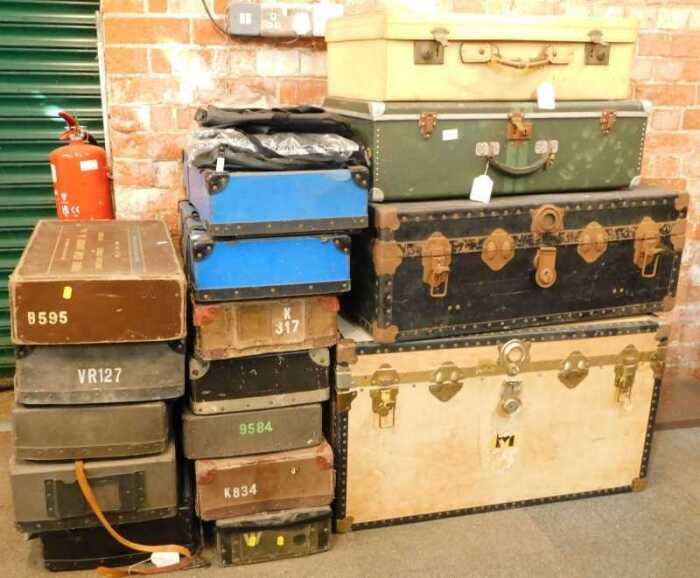 Trunks and laundry cases, to include a large metal bound trunk, finished in white, a large black...