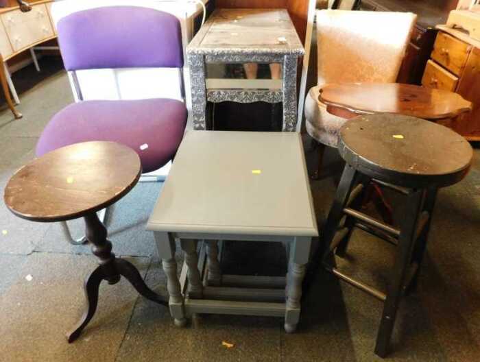 Furniture, comprising a mirror topped table, with two mirror finished drawers, a stool, finished...
