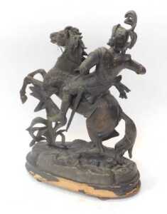A 19thC spelter figure, modelled as an armoured figure on rearing horseback, raised on an... - 2