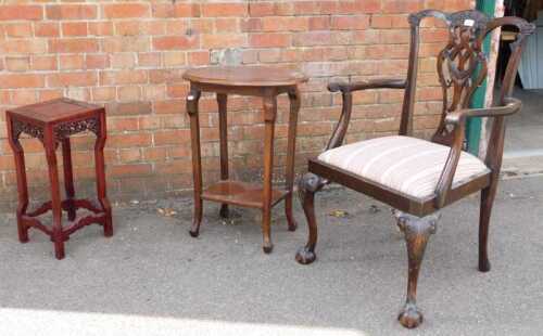 Furniture, to include a square small occasional table, with blind fretwork, an oval topped...