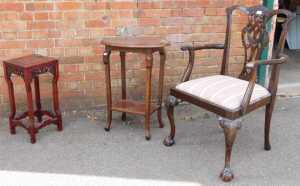 Furniture, to include a square small occasional table, with blind fretwork, an oval topped...