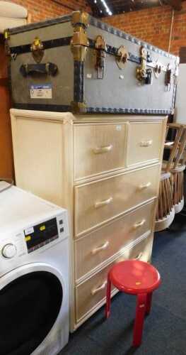 Furniture, to include a small red finished circular stool, a white finished chest, of two short...