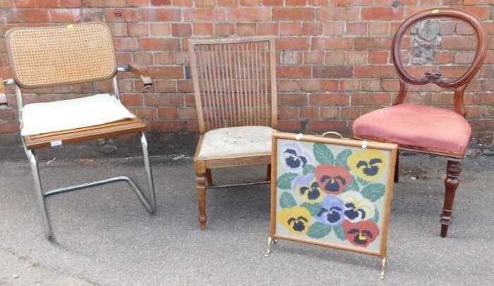 Furniture, comprising a Victorian balloon-back dining chair, with overstuffed seat, raised on...