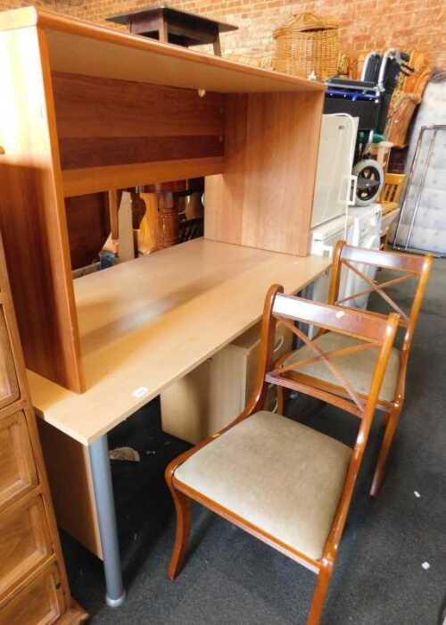Furniture, to include a pair of dining chairs, a desk, further desk with three drawers to one...