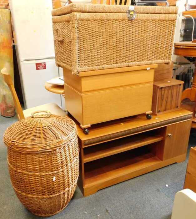 Furniture, comprising a light oak finished square storage unit, with lift lid, raised on castors,...
