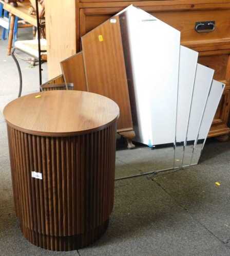 A dressing stool, veneered with wood effect, and a dressing mirror. (2)