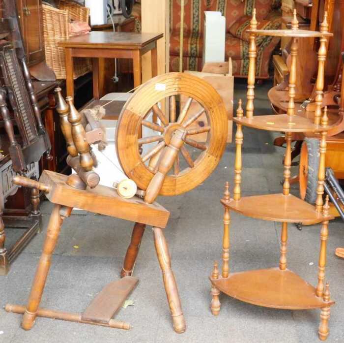 A spinning wheel, and a corner whatnot. (2)