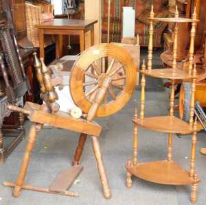 A spinning wheel, and a corner whatnot. (2)