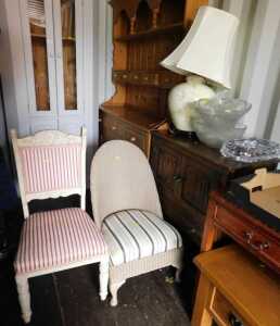 Furniture, to include an Old Charm style side cabinet, painted wicker nursing chair, two drawer...