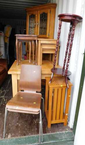 Furniture, comprising an extending dining table, raised on square legs, two chrome-finished...