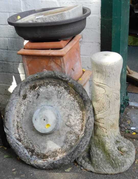 Terracotta square planters, together with a composition stone garden bath, etc.