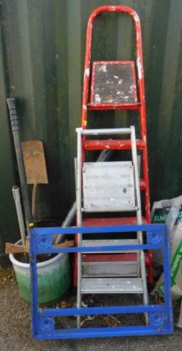 Two A frame ladders, together with garden tools, pick axe, plant pot, etc. (a quantity)