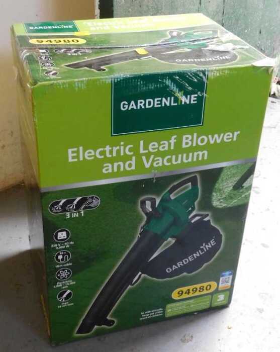 A Garden Line electric leaf blower and vacuum, 94980, boxed.