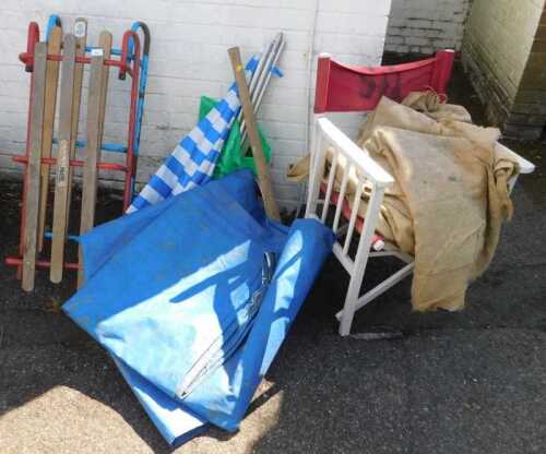A Lew Ways Ltd sledge, together with garden parasol, director's type chair, etc. (a quantity)