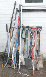 Garden tools, to include shovels, rakes, shears, garden forks, etc. (a quantity)