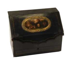 A Victorian coromandel veneered stationery box, the bureau shaped case set to the "fall" with a...