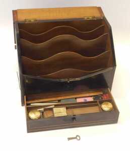 A Victorian coromandel veneered stationery box, the bureau shaped case set to the "fall" with a... - 3