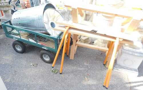 A garden trolley, together with a Heritage Gardening incinerator, sawhorses, etc.