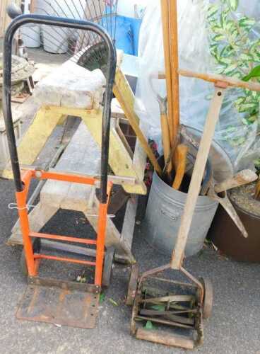 Two wooden trestles, together with a sack barrow, garden tools, etc. (a quantity)