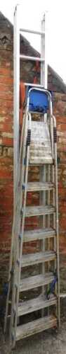 An extending metal ladder, closed length 3.45m, extended length 6.17m, together with an A frame...