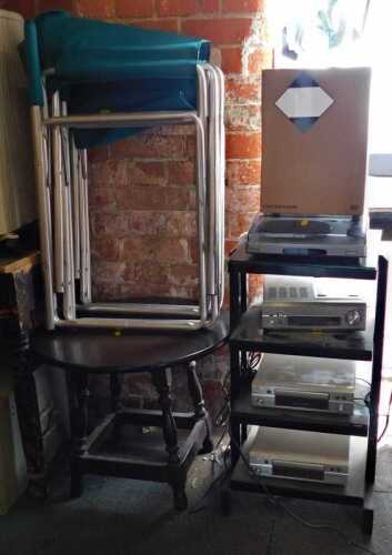 A Denon Hi-Fi system, together with a Sony turntable, on stand, two folding directors type...