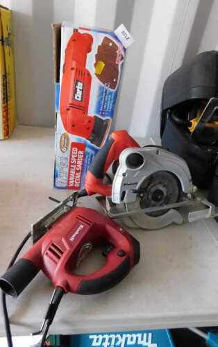A Clarke variable speed detail sander, boxed, together with an Einhell jigsaw, and an Einhell...