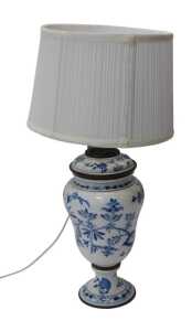 A Meissen blue and white porcelain Onion pattern oil lamp base, later converted to electricity,...