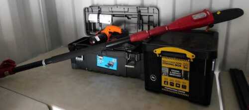 A Black and Decker power file belt sander, a Macallister plastic tool box, and a Mantis cordless...
