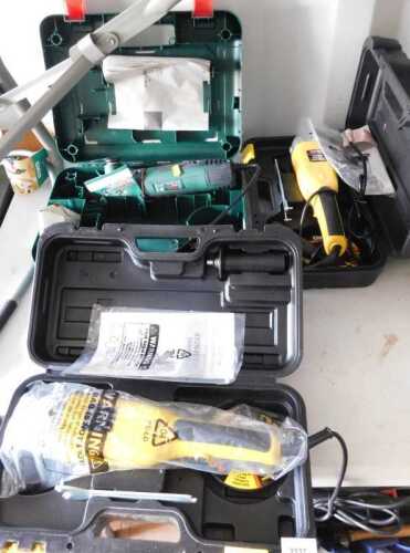 Two Clarke Contractor 15mm corded angle grinders, together with a Bosch corded oscillating multi-...