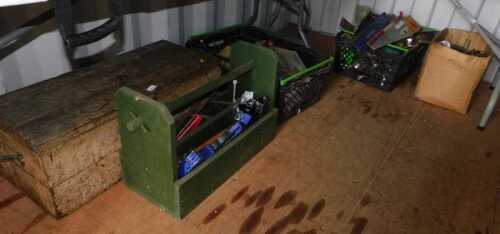 A wooden tool chest, containing various tools, together with three further boxes containing...