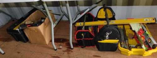 Two open tote tool bags, together with a Stanley plastic toolbox, various hand tools, bolt...