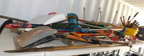Garden tools, to include lopping shears, rakes, spades, hoes, etc. (1 tabletop)