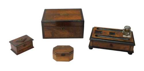 A group of treen, to include a Victorian walnut and ebony strung writing box, a Jerusalem...