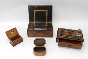 A group of treen, to include a Victorian walnut and ebony strung writing box, a Jerusalem... - 2