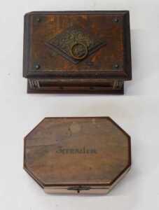 A group of treen, to include a Victorian walnut and ebony strung writing box, a Jerusalem... - 3