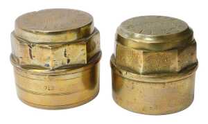 Two brass wagon caps, for Kirkstall Forge Company Leeds, and Chapmans and Sons Builders...